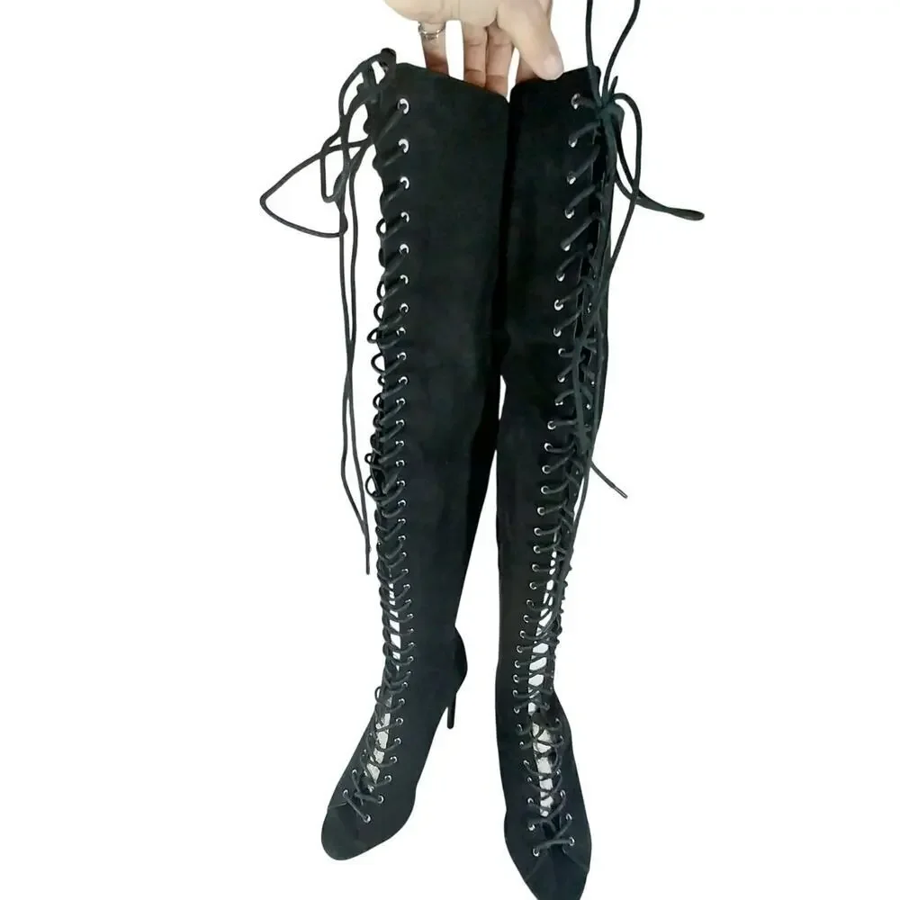 LUXE BLACK VEGAN SUEDE LEATHER/MICROFIBER OVER THE KNEE SEXY BOOTS! SZ 10M
